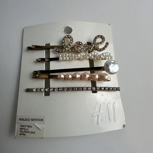 H&M Hairpins set-of-four, Faux Pearls, & Rhinestones , Gold, J-01 - Picture 4 of 5